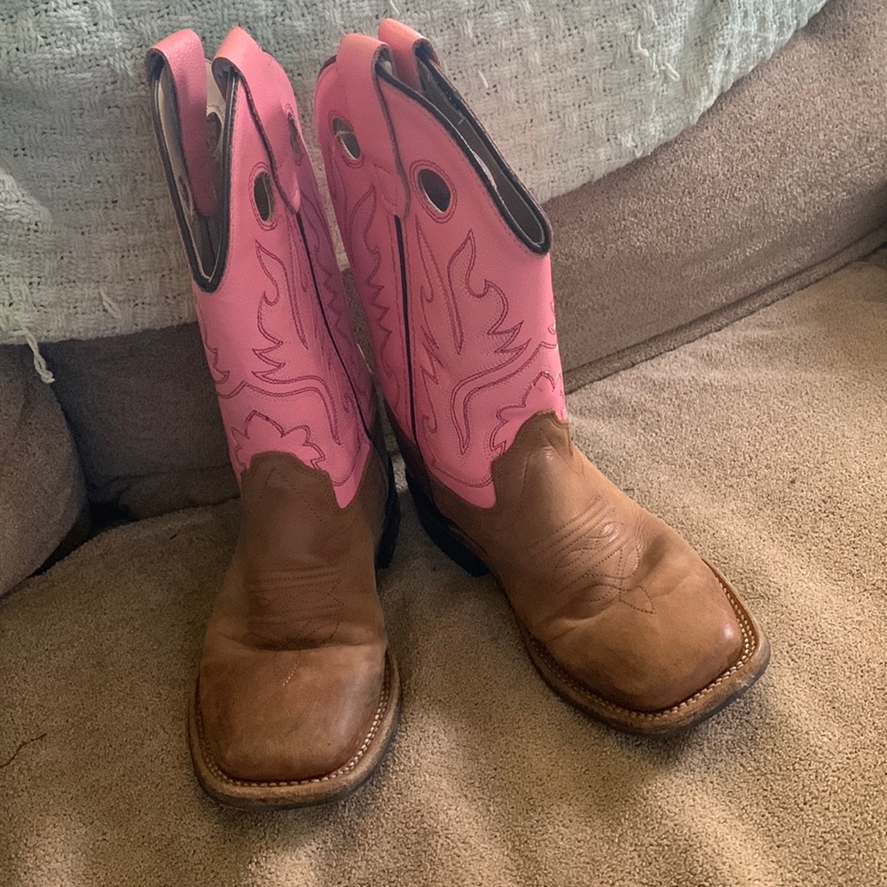 Old West Pink Childrens Girls Carona Calf Leather Square Toe Cowboy Boots